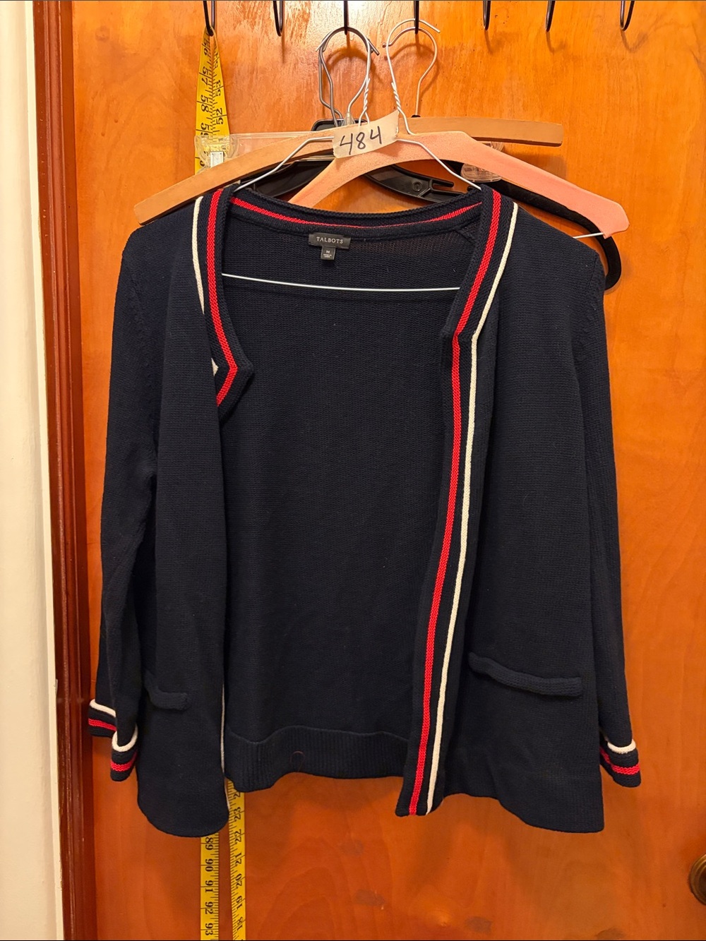 Talbots Navy Cardigan with Red and Cream Stripe Trim